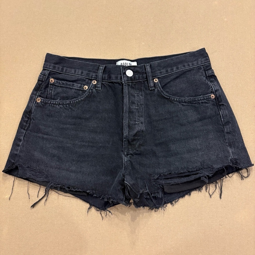 AGOLDE Parker Cut Off Distressed Denim Shorts Washed Black Size 27
